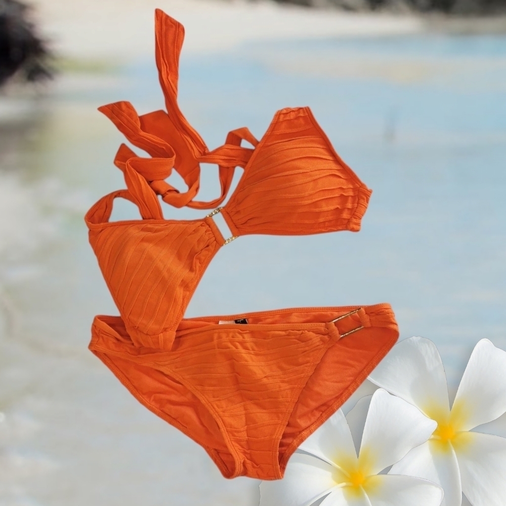 Lauren Ralph Lauren Textured Orange Two-Piece Bikini Swimsuit - Sz 6